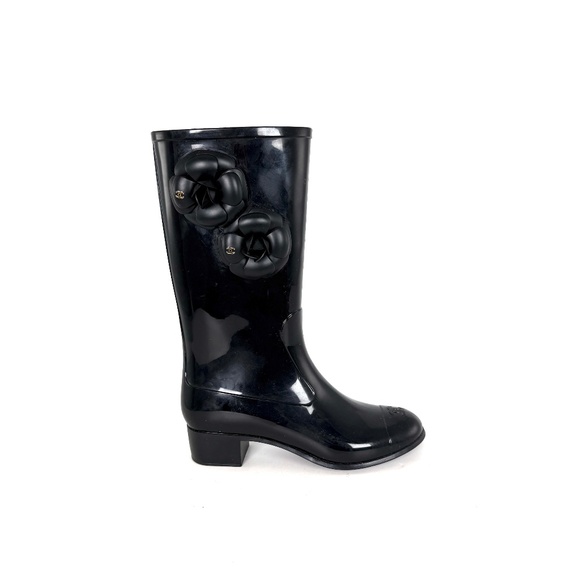 Authentic CHANEL Camellia Cap Toe CC Logo Flower Black Rubber Rain Boots 38, 7.5 - Picture 1 of 15